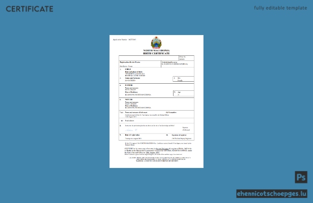 Nordmazedonische Personenstandsurkunde Geburtsurkunde Word- und PDF-Beispielvorschau
